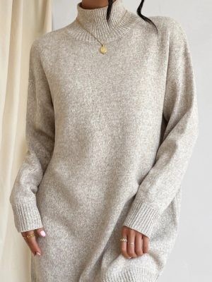 Turtleneck Knitting Dress Solid Color Simple Pullover Sweater Midi Dress