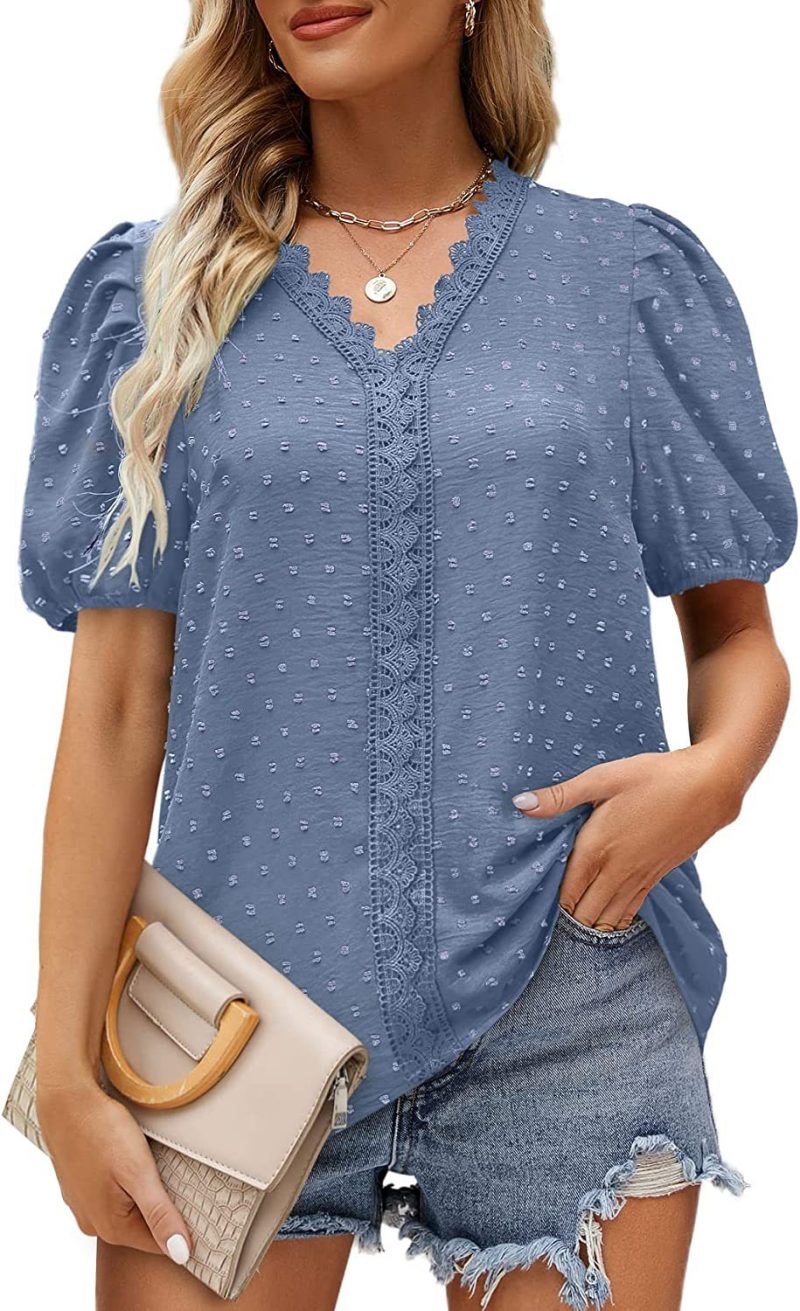 Summer Women Clothing V Neck Lace Dot Puff Short Sleeve Chiffon Shirt - Image 4