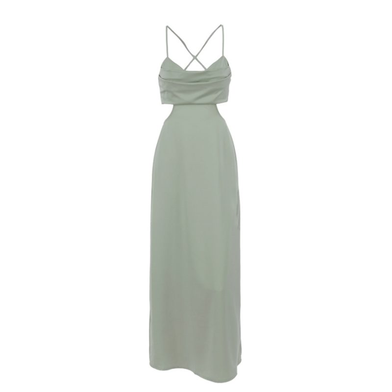 Summer New Satin Solid Color Cami Dress Women Clothing Sexy Hollow Out Cutout Backless Inner Dress - Image 5