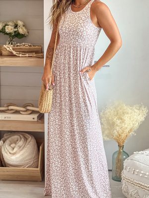 Summer Leopard Print Pocket Sleeveless Maxi Dress Women Trumpet round-Neck High Waist Slim Dress Women