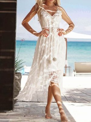 Women Clothing Summer Sexy Strap Lace White Dress Holiday Beach Dress