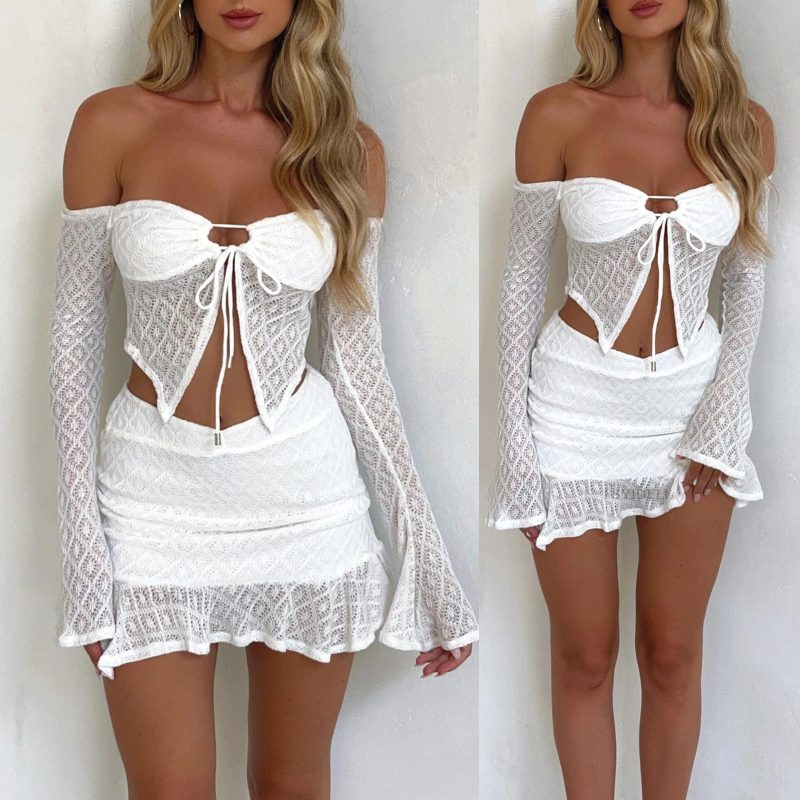 Summer Women  Clothing Sexy Bandeau off Shoulder Long Sleeve Tied Sexy Irregular Asymmetric Skirt Set - Image 4