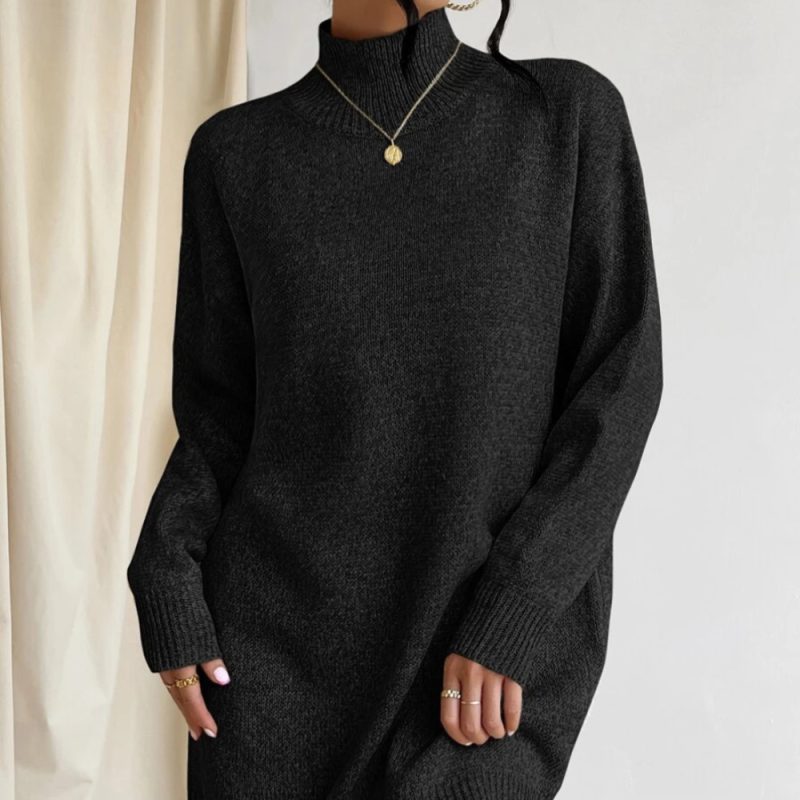 Turtleneck Knitting Dress Solid Color Simple Pullover Sweater Midi Dress - Image 4