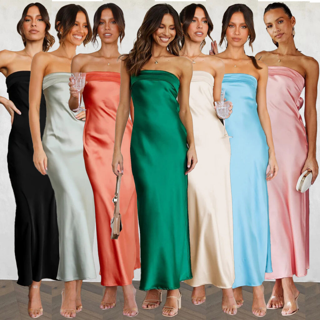 Spring Summer Elegant Socialite Satin Hollow Out Cutout Backless Tube Top Dress Length - Image 4