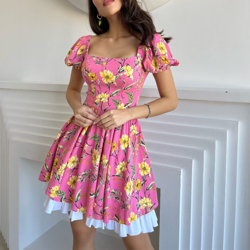 Summer Floral  Dress Square Collar Sexy Dress Bohemian Holiday Princess Dress - Image 3