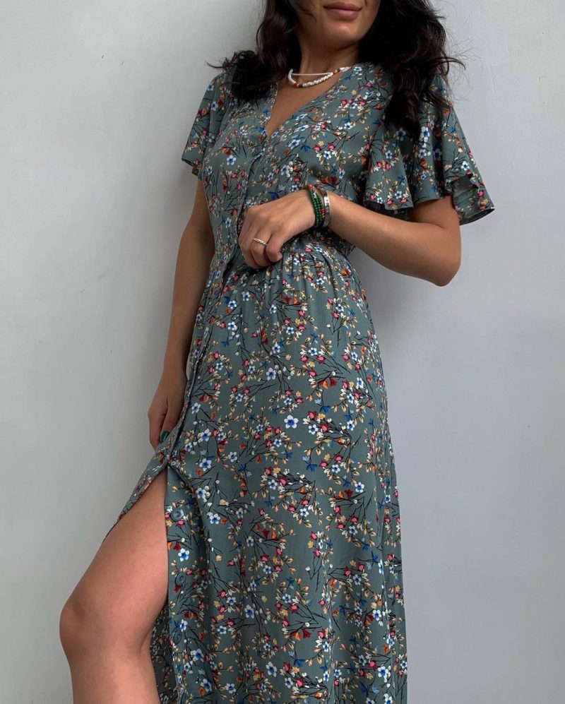 Spring Summer Mid-Sleeve Waist Split Floral Dress - Image 2