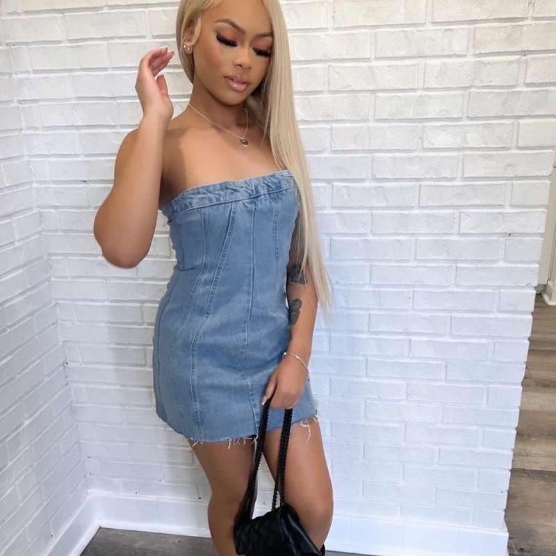 Denim Spring Summer Sexy Backless Wash Chest Wrapped Dress Women - Image 4