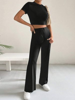 Women Clothing Cropped Slim Knitted Short Sleeve High Waist Wide Leg Pants Two Piece Set