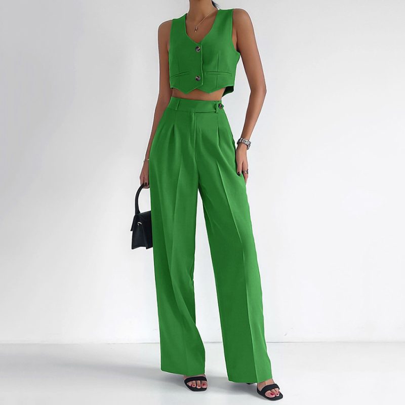 Summer Cotton Linen Suit Women V Neck Slim Fit Vest Sleeveless Top Straight Leg Trousers Two Piece Set - Image 3