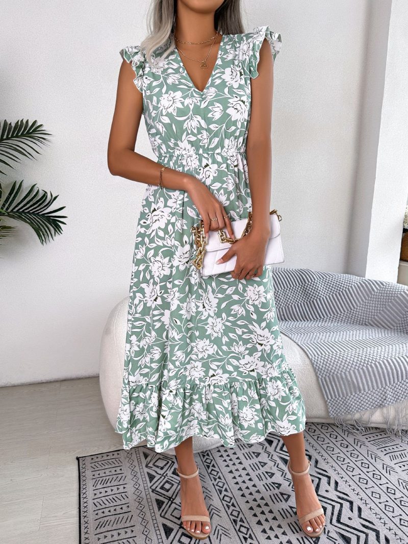 Spring Summer Casual Wooden Ear Floral Waist Slimming Maxi Dress Holiday Dress Women Clothing - Image 3
