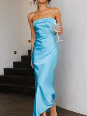 Spring Summer Elegant Socialite Satin Hollow Out Cutout Backless Tube Top Dress Length