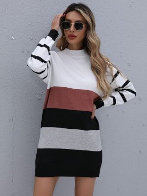 Women Clothing Autumn Winter Color Matching Fashionable Long Knitted Base Sweater Dress