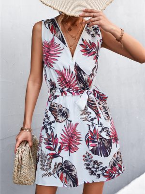 Spring Summer Bohemian Sleeveless Zipper Printed Dress Short Women boho