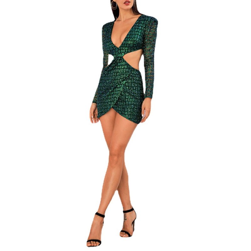 Long Sleeve Mini  Green Deep V-neck Panel Pressing Party Dress - Image 5