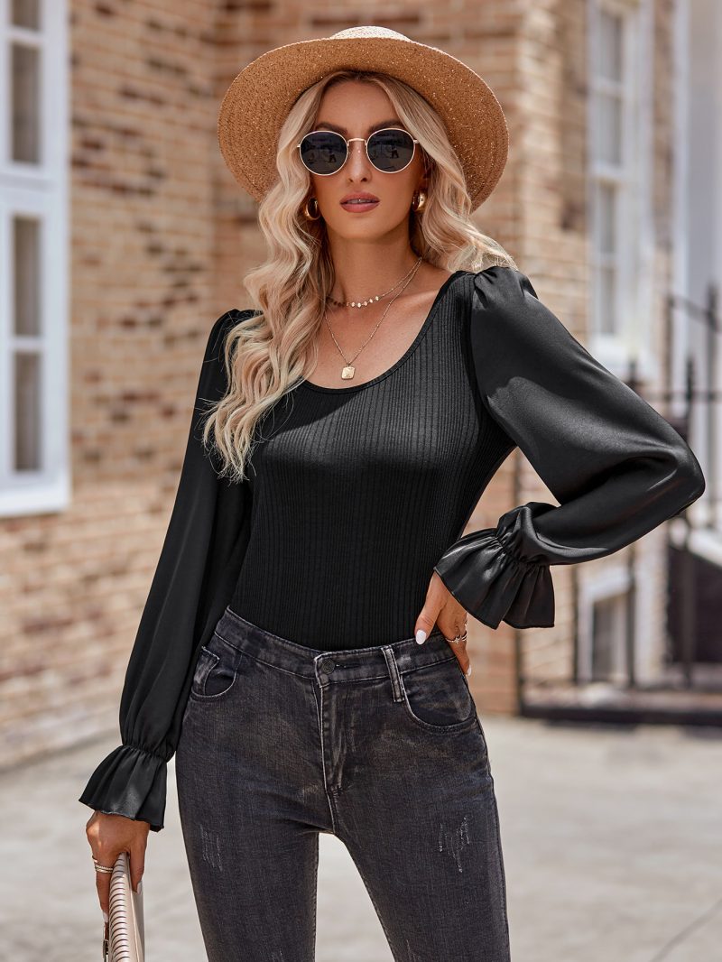 Autumn Winter Women Casual round Neck Solid Color Slim Fit Ruffle Sleeve Top T shirt - Image 3