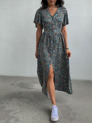 Spring Summer Mid-Sleeve Waist Split Floral Dress