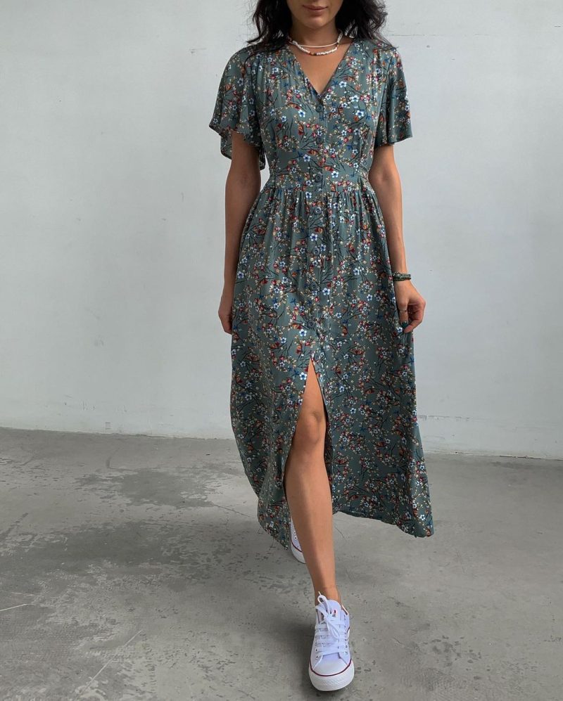 Spring Summer Mid-Sleeve Waist Split Floral Dress