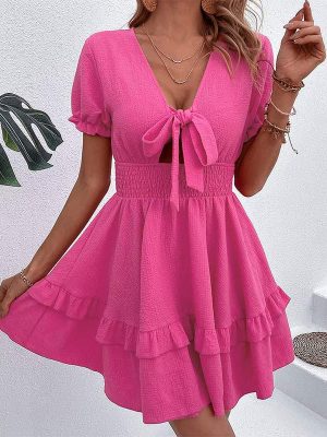 Summer Rose Red Hollow Out Cutout Lace up Waist Dress