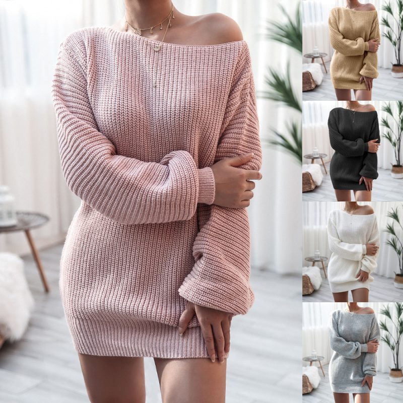 Autumn Winter  Long Sleeve off Shoulder Casual Loose Knitted Sweater Dress Women Clothing - Image 5