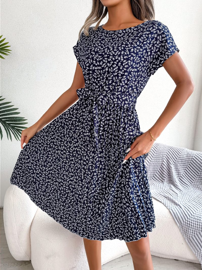 Spring Summer New Casual Short Sleeve Floral Large Hem Pleated   Women Clothing - Image 4