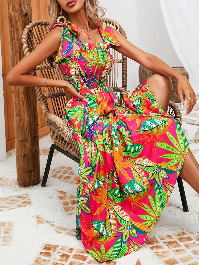 Women Clothing Dress Summer Leaf Print Wrapped Chest Strap Women Clothing - Image 3