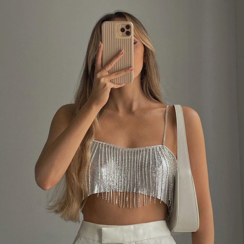 Cropped Chic Sexy Disco Tube Top Rhinestone Night Club Slip Vest - Image 2