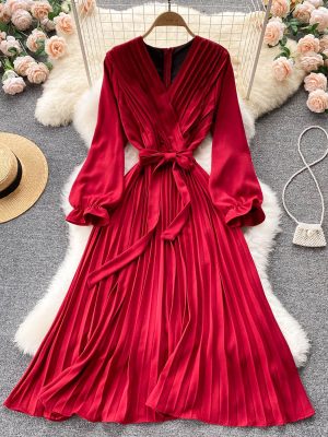 Wear Long Sleeves V-neck Bow Lace-up Cinched Waist over-the-Knee Maxi Dress Women French Retro Big Swing Dress Pleated