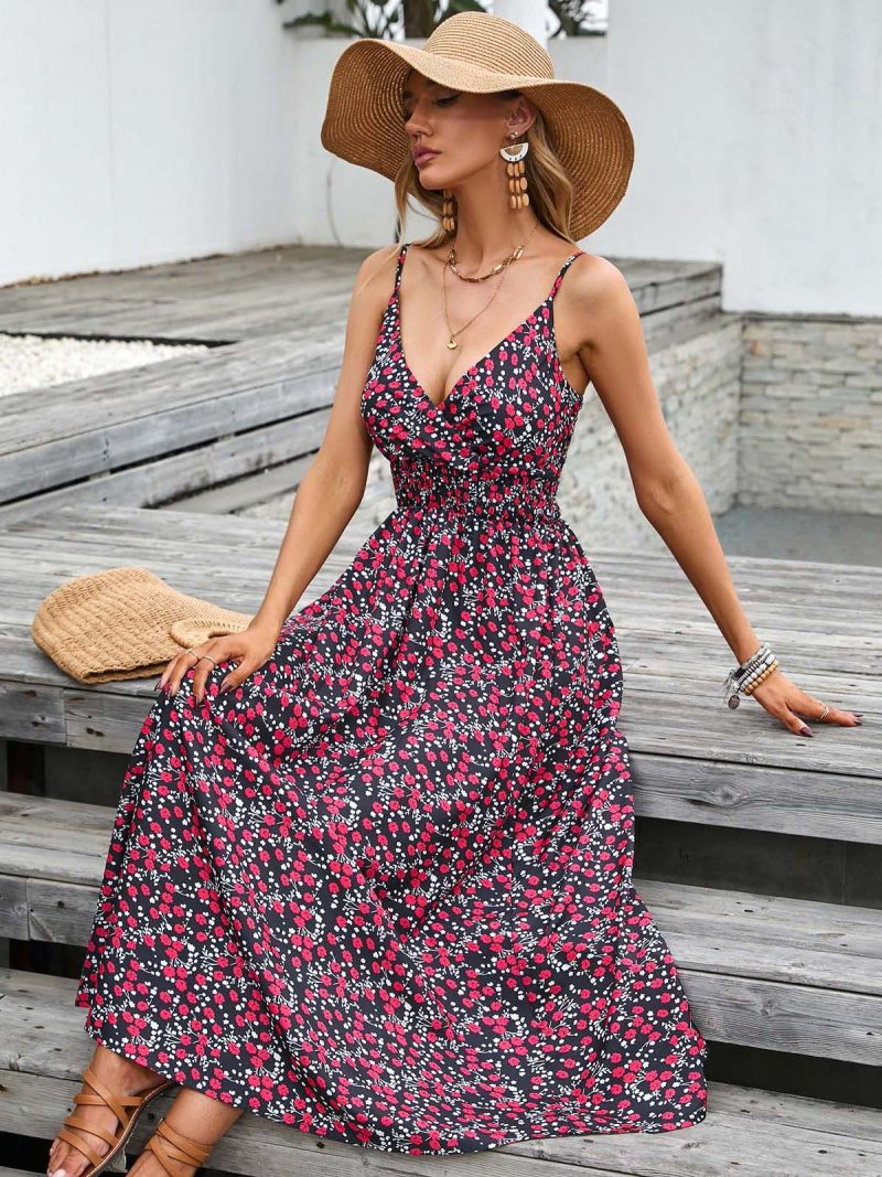 Women Clothing Popular Dress Summer Printed Strap V Neck Tight Waist Women Clothing - Image 3