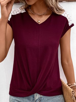 Women Clothing Hollow Out Cutout Lace V neck Patchwork Casual Comfortable Short-Sleeved T-shirt Women