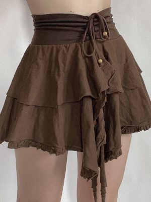 Retro Sweet Irregular Asymmetric Double Layer Ruffled Skirt Cinched Drawstring Lace-up Solid Color Short Skirt