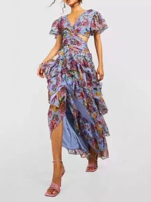 Summer French Printed V neck Cropped Outfit Embroidered Cuffs Waist Slimming Irregular Asymmetric Dress