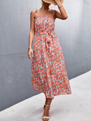 Spring Summer Sling Pocket Pleating Floral Mid Length Dress Women With Belted