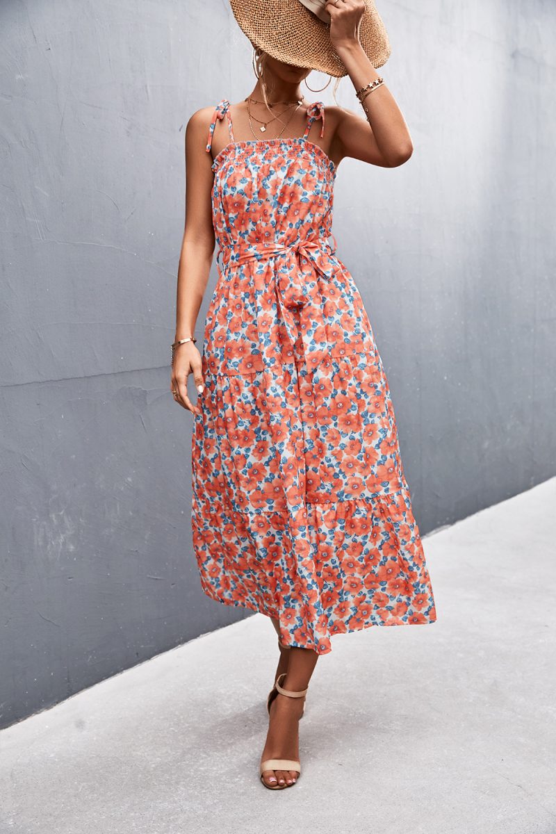 Spring Summer Sling Pocket Pleating Floral Mid Length Dress Women With Belted