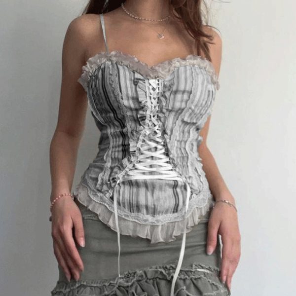 French Royal Retro Lace up Waist Controlled Vest Lace Tree Fungus like Lacework Patchwork Stripes Show Chest Small Sling - Image 3