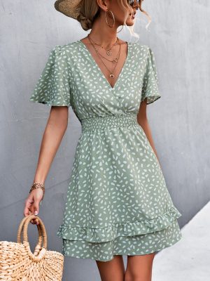 Spring Summer Popular Sexy V neck Ruffle Sleeve Waist-Tight Smocking Tiered Dress Boho Summer Outfits