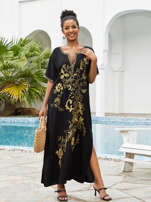 Embroidered Beach Maxi Dress Robe Vacation Bikini Swimsuit Outwear Blouse