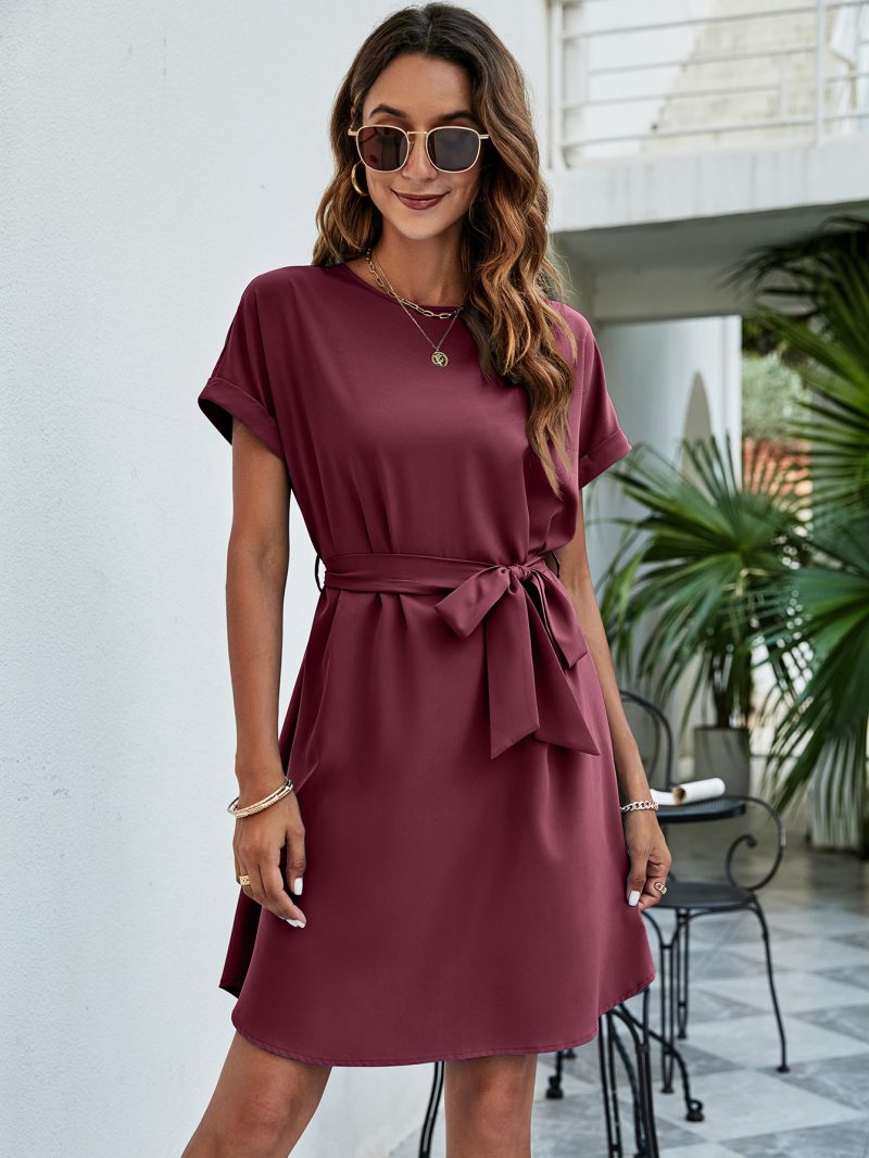 Women Summer Round Neck Solid Color Tied Waist Elegant Midi Dress - Image 4