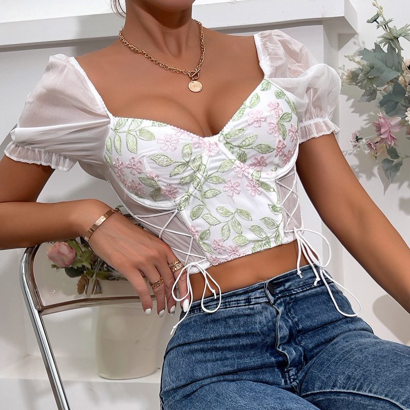Sexy Embroidered Mesh Stitching See Through Lace Up Short Sleeve Steel Ring Boning Corset All Match Top Women - Image 4