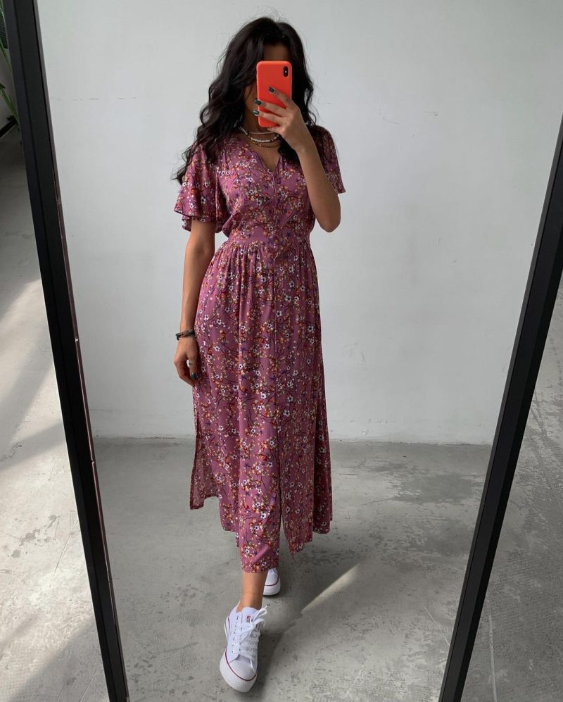 Spring Summer Mid-Sleeve Waist Split Floral Dress - Image 4