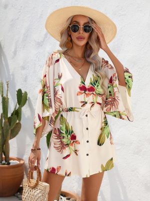 Women Clothing Station Summer Leaf Printing Half Length Sleeve Dress