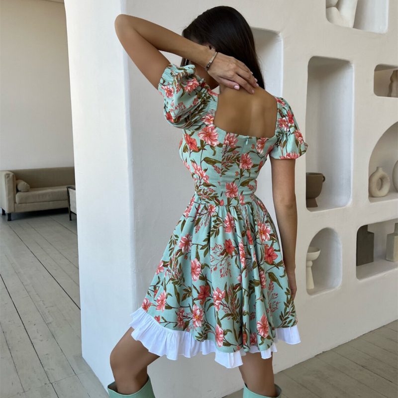Summer Floral  Dress Square Collar Sexy Dress Bohemian Holiday Princess Dress - Image 2