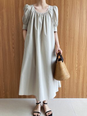 Puff Sleeve Mid Length Dress Loose Slimming A line Dress