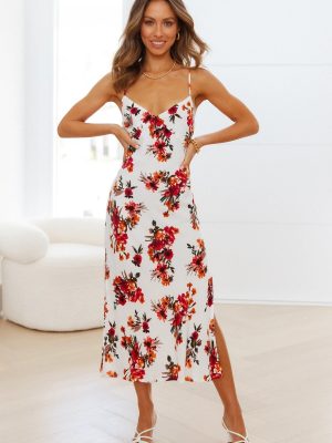 V Neck Midi Dress Vacation Printed Sexy Suspenders Dress Women Clothing