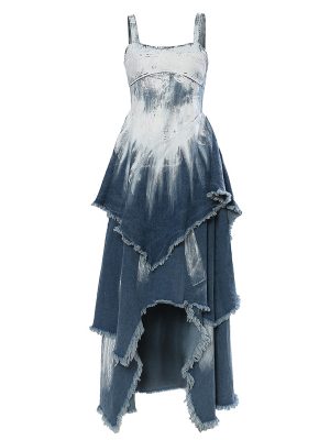 Brush Print Personalized Wash Mid Length Denim Vest Dress for Women