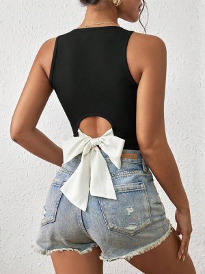 Women Clothing Sexy V neck Slim Fit Ultra Short Sleeveless Hollow Out Cutout out Stitching Small Tank Top Top