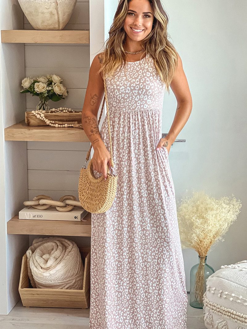 Summer Leopard Print Pocket Sleeveless Maxi Dress Women Trumpet round-Neck High Waist Slim Dress Women - Image 5