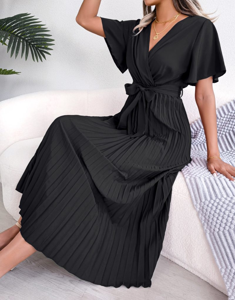 Spring Summer Elegant Criss Cross V-neck Swing Pleated Dress Women Clothing - Image 4