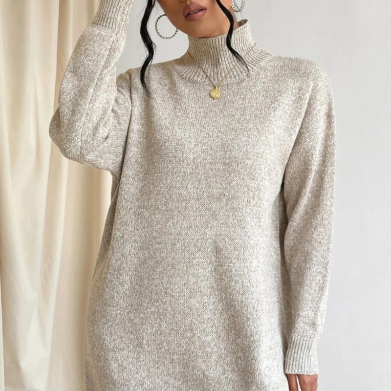 Turtleneck Knitting Dress Solid Color Simple Pullover Sweater Midi Dress - Image 2