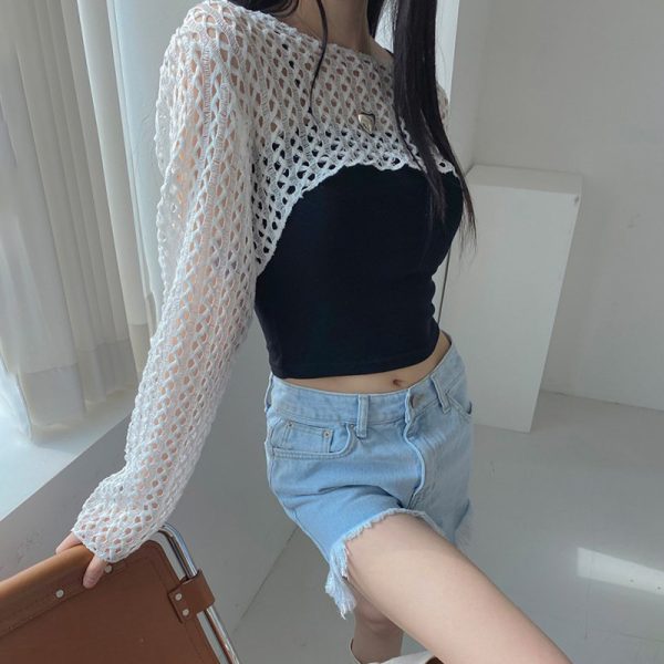 Niche Design Irregular Asymmetric Mesh Hollow Out Cutout out See through Short Blouse Girls Wear Slim Fit Top - Image 4