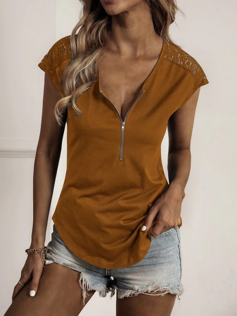Women Clothing Popular Round Neck Half Zipper Stitching Lace Short Sleeve T Shirt - Image 3